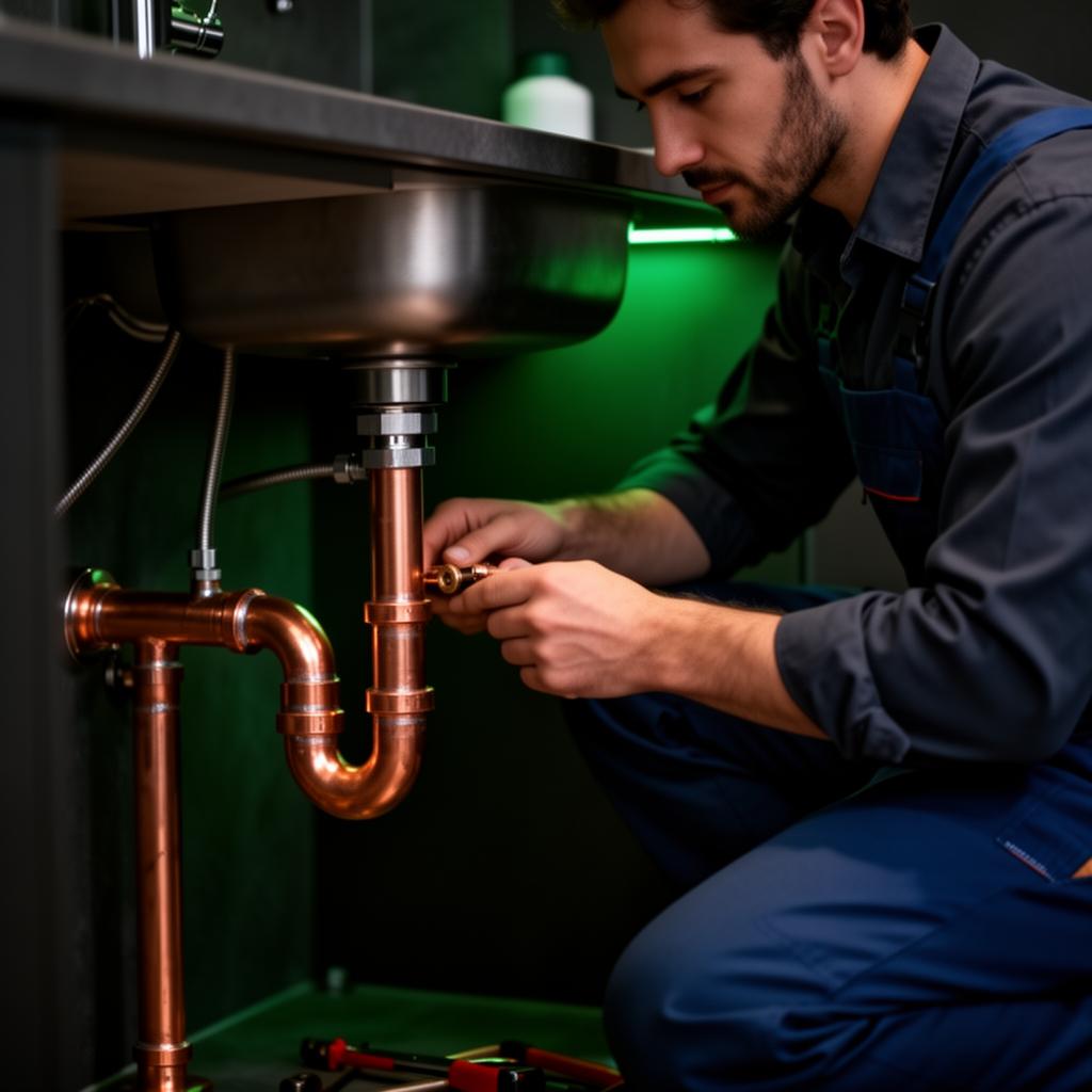 Plumber working on copper pipes